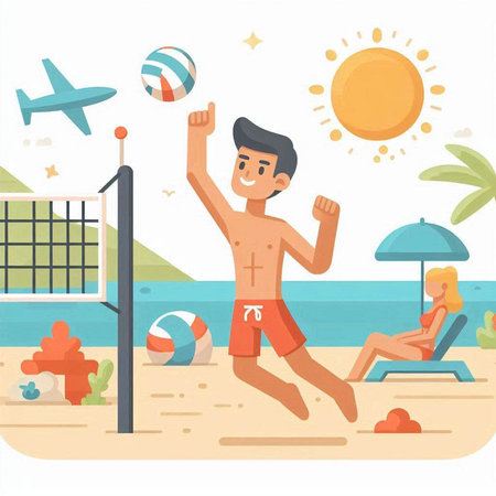 Young man playing volleyball on the beach. Vector illustration in flat styleのイラスト素材