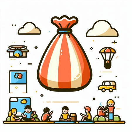 Illustration of a bag with children playing in the park. Flat line art style design.のイラスト素材