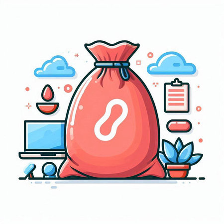 Money bag with question mark and computer on white background. Vector illustration.のイラスト素材