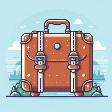 Suitcase on the background of the mountains. Vector illustration.のイラスト素材