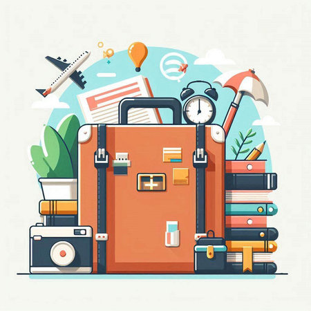 Travel and vacation concept. Vector illustration in flat design style. Suitcase, suitcase, umbrella, backpack, camera, passport, books, coffee cup, alarm clock.のイラスト素材