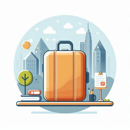 Vector illustration of travel and tourism. Suitcase and cityscape.のイラスト素材