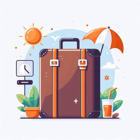 Suitcase with umbrella and cocktail. Vector illustration in flat styleのイラスト素材