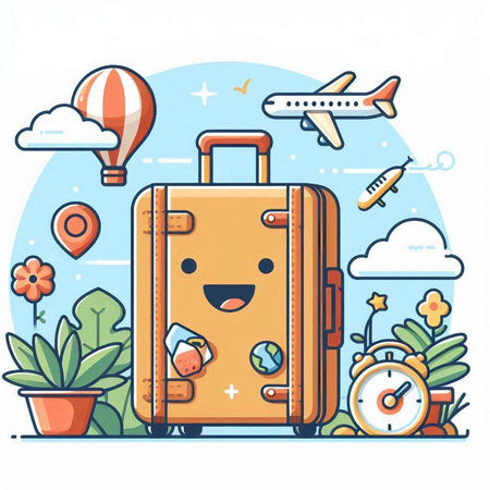Suitcase with travel items. Vector illustration in cartoon style.のイラスト素材