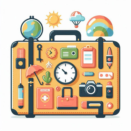 Suitcase with travel items. Vector illustration in flat style.のイラスト素材