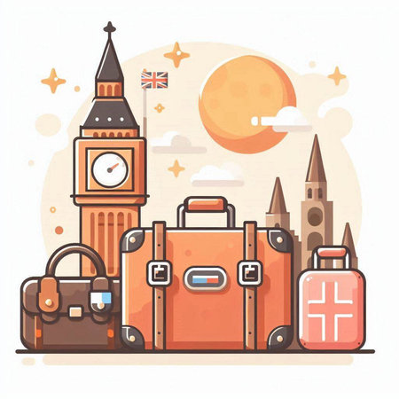 Vector illustration of travel and tourism concept. Big Ben, london clock tower, suitcases and bagsのイラスト素材