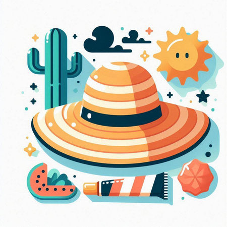 Mexican hat, sun, cactus, sunblock. Vector illustrationのイラスト素材