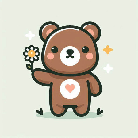 Cute teddy bear holding flower in hand. Vector illustration.のイラスト素材