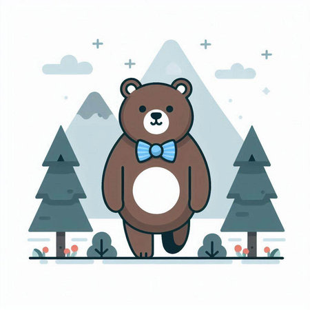 Cute cartoon bear with bow tie in the forest. Vector illustration.のイラスト素材