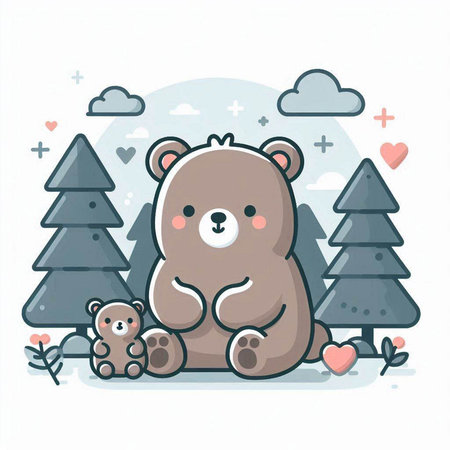 Cute cartoon teddy bear with heart and pine trees. Vector illustration.のイラスト素材