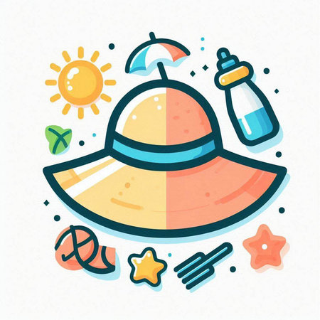 Summer hat with sun and beach accessories. Vector illustration in doodle styleのイラスト素材