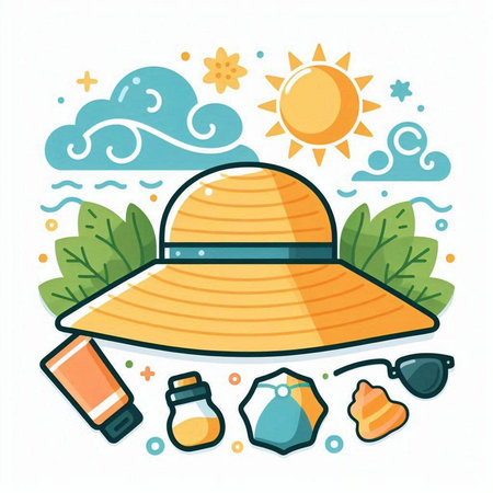 Vector illustration of summer hat, sunglasses, sunscreen and sun on white background.のイラスト素材