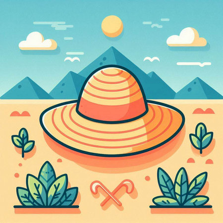 Illustration of a summer hat in the desert. Vector illustration.のイラスト素材