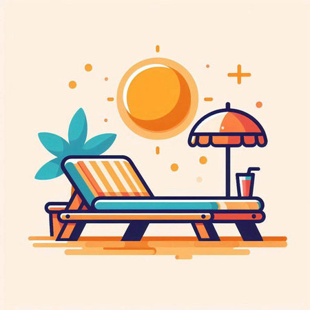 Beach chair with umbrella and cocktail. Vector illustration in flat styleのイラスト素材