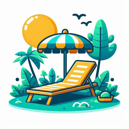 Beach chair with umbrella and palm trees. Vector illustration in flat styleのイラスト素材