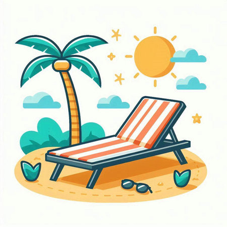 Beach chair on the beach. Vector illustration in flat style.のイラスト素材