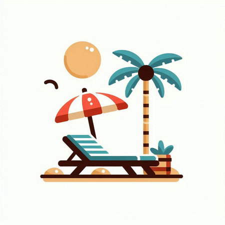 Beach chair and palm tree on white background. Vector illustration.のイラスト素材