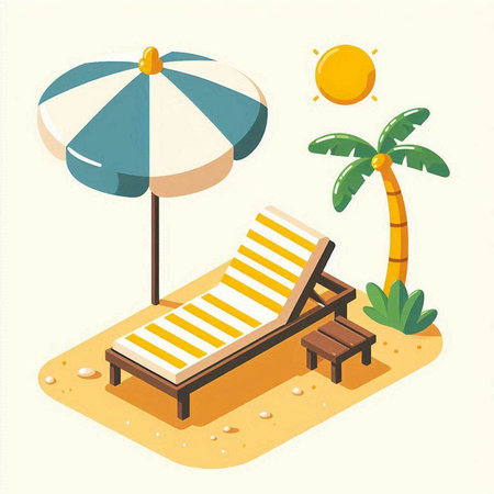 Beach chair with umbrella and palm tree. Isometric vector illustration.のイラスト素材