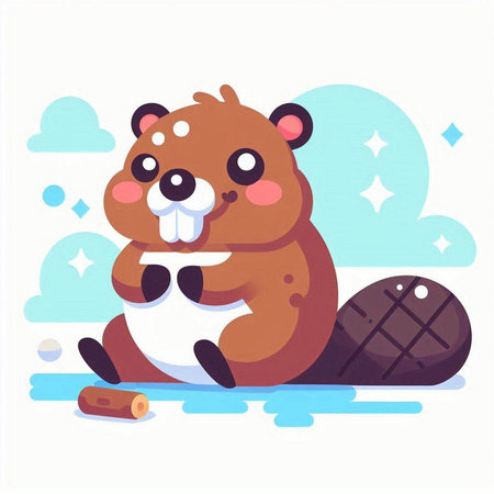 Cute cartoon beaver sitting on a log. Vector illustration.のイラスト素材