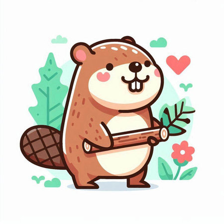 Cute beaver with a stick in his hand. Vector illustration.のイラスト素材