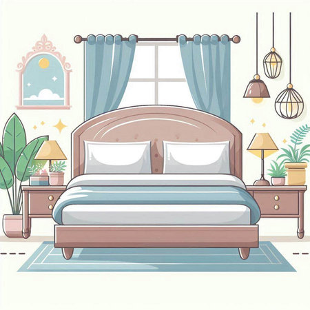 Vector illustration of a bedroom interior with a bed and a window.のイラスト素材