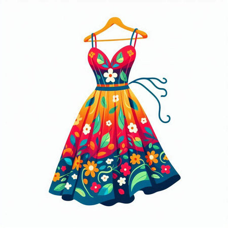 Dress with floral pattern on a hanger. Vector illustration.のイラスト素材