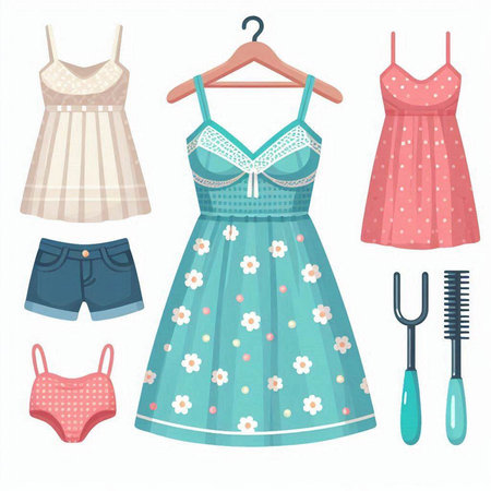 Vector set of cute summer clothes and accessories. Flat style illustration.のイラスト素材