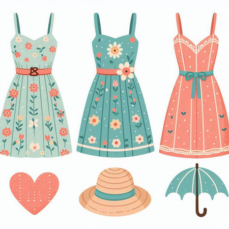 Set of cute women's dresses with floral pattern. Vector illustration.のイラスト素材