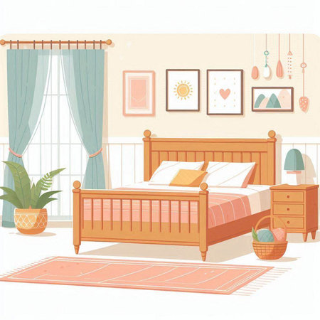 Bedroom interior with furniture. Vector illustration in cartoon flat style.のイラスト素材