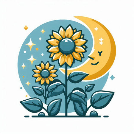 Sunflower, moon and stars. Vector illustration in flat style.のイラスト素材