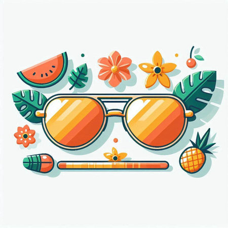 Summer flat vector illustration. Sunglasses, tropical flowers and fruits.のイラスト素材