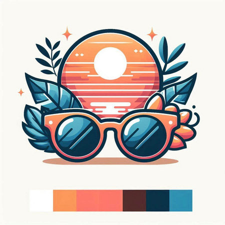 Retro summer badge with sun and sunglasses. Vector flat illustration.のイラスト素材