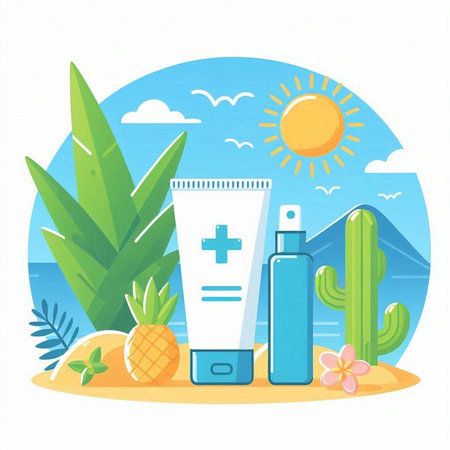 Vector illustration of sun protection cream, sunblock, sea, cactus and beachのイラスト素材