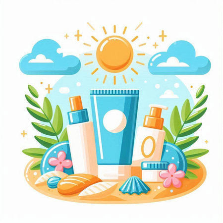 Sunscreen cream in tube, sunflower and seashells. Vector illustrationのイラスト素材