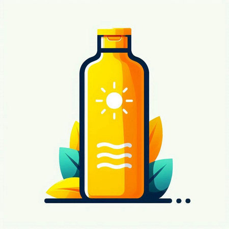 Sunscreen bottle with sunflare and leaves. Vector illustration.のイラスト素材
