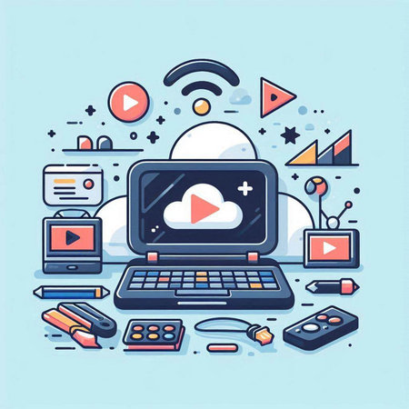 Flat line design concept of cloud computing, social media, online communication, social media, digital marketing, multimedia, internet communication. Vector illustrationのイラスト素材