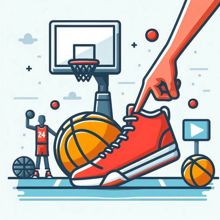Vector illustration of hand with basketball ball and sneakers. Line art design for web, site, advertising, banner, poster, board and print.のイラスト素材