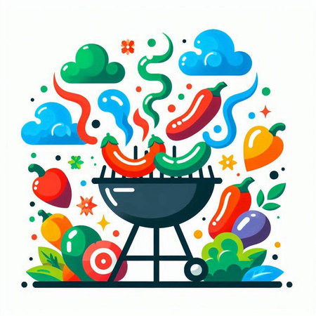 Vector illustration of barbecue grill with colorful vegetables. Barbecue party concept.のイラスト素材