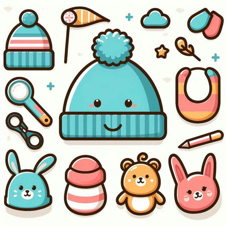Cute cartoon vector set of winter clothes and accessories. Vector illustration.のイラスト素材