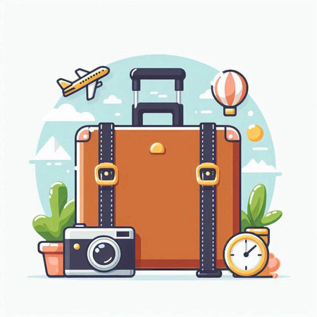 Suitcase with travel accessories. Vector illustration in flat style.のイラスト素材