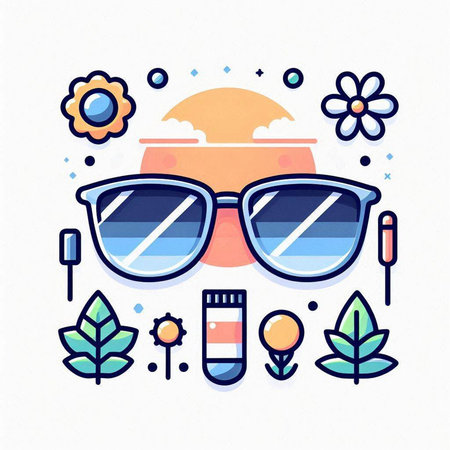 Vector illustration of sunglasses in flat style. Glasses with sun and flowers.のイラスト素材