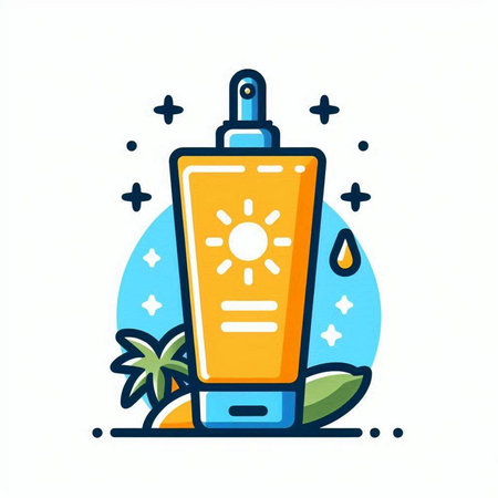 Sunscreen bottle with sunflower, palm tree and star. Vector illustration.のイラスト素材