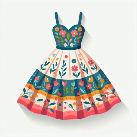 Illustration of a beautiful summer dress with floral pattern on white backgroundのイラスト素材