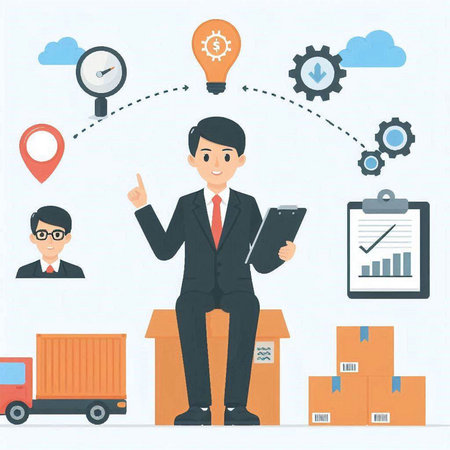 Vector illustration of a businessman standing in front of the boxes with a checklist.のイラスト素材