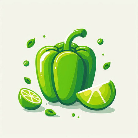 Illustration of fresh green bell pepper with lime and mint leaves.のイラスト素材