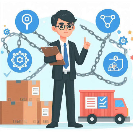 Businessman with clipboard standing in front of the cargo truck. Vector illustrationのイラスト素材
