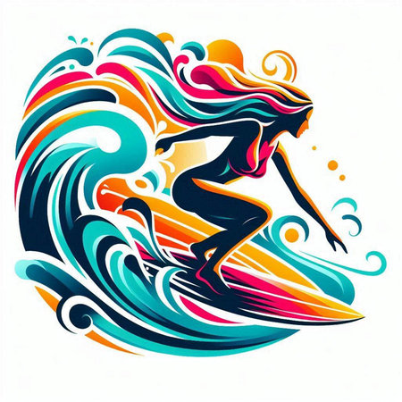 Surfer girl on a surfboard. Colorful abstract vector illustration.のイラスト素材
