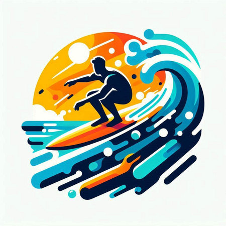 Surfer with surfboard on the waves. Vector Illustration.のイラスト素材