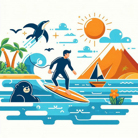 Surfing vector illustration. Flat style design. Surfer on the beach.のイラスト素材