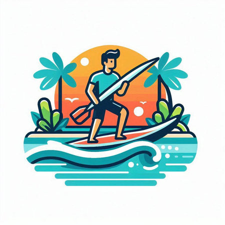 Surfer on the beach. Vector illustration in flat linear style.のイラスト素材